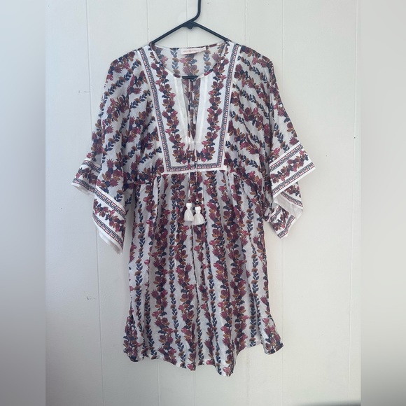 tory burch • printed beach tunic white flowy floral bird designer dress xs $385 - Picture 2 of 14